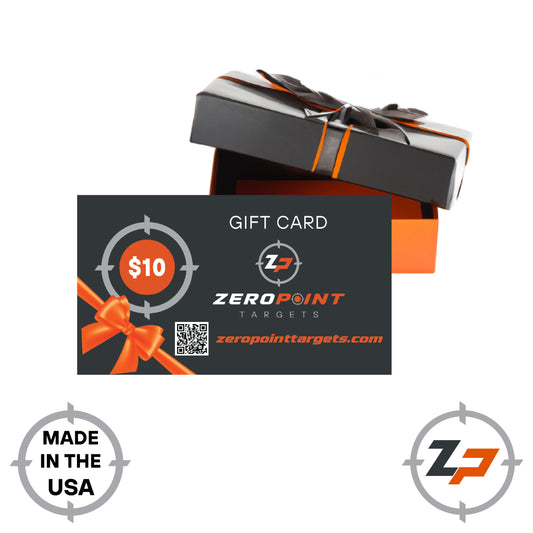 Black and orange gift card for ZeroPoint Targets  in front of orange and black gift box.